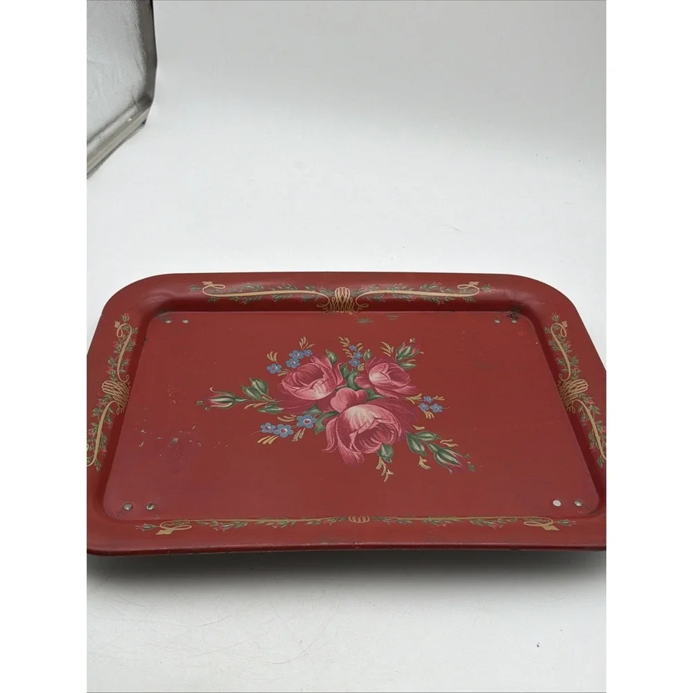 Vintage TV Bed Lap Tray MCM Tole Painted Red Floral Folding Cottage Core